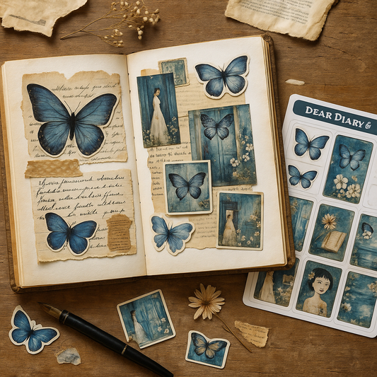 Vintage Blue Butterfly Stickers for Junk Journal & Scrapbooking