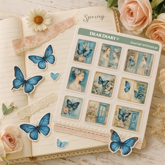 Whimsical Vintage Lady & Butterfly Stickers – Blue Aesthetic Journal Set