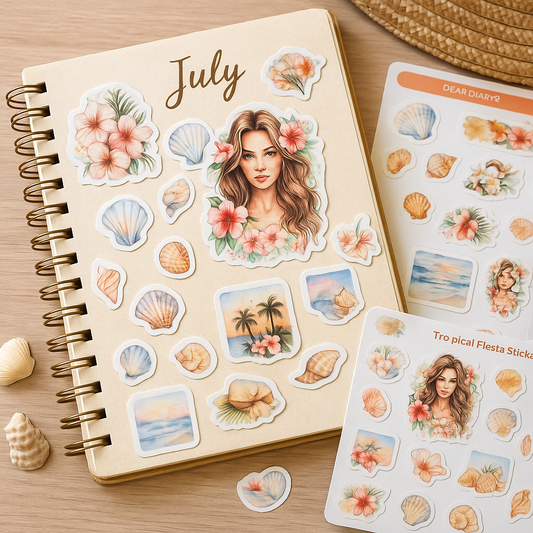 Tropical Summer Stickers for Journal & Planner – Shells & Sunset Vibes