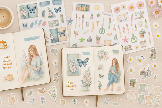 Creative Journal Stickers – Girl, Flowers, Art Tools & Soft Pastels