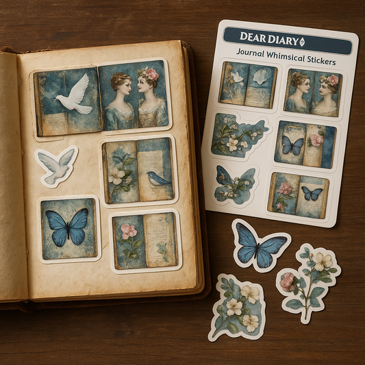 Whimsical Vintage Sticker Set – Blue Botanical & Butterfly Journal Pages by Dear Diary