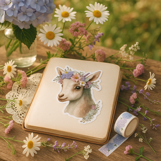 Cottagecore Goat Lamb Sticker – Floral Animal Illustration for Journal & Planner