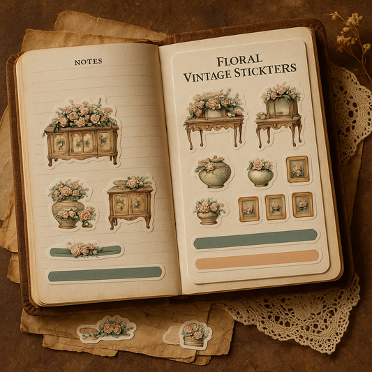 Floral Vintage Stickers for Journaling – Antique Cabinet & Rose Decor Set
