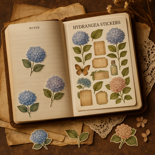 Vintage Hydrangea Stickers for Journaling – Botanical Labels & Floral Planner Set