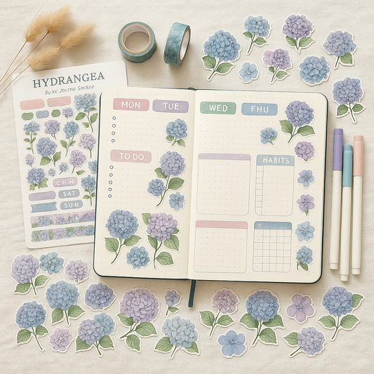 Hydrangea Bullet Journal Sticker Kit – Weekly Spread & Habit Tracker Floral Stickers
