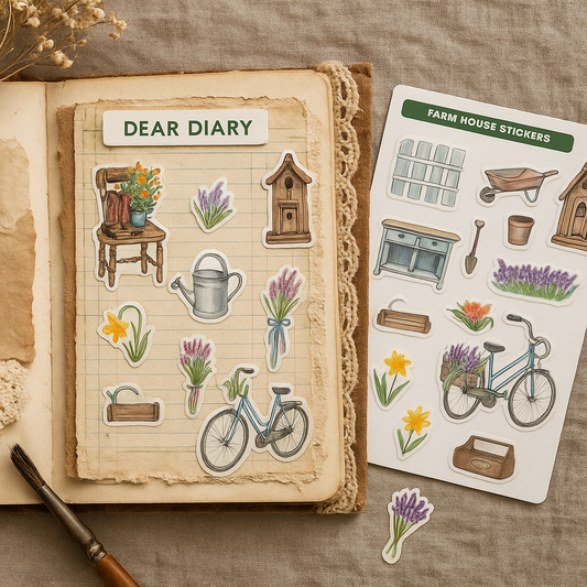 Farmhouse Garden Stickers – Cottagecore Planner Stickers with Bicycle, Flowers & Tools