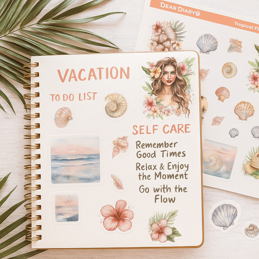 Tropical Self-Care & Vacation Planner Stickers – Beach Journal Decorative Sheet by Dear Diary