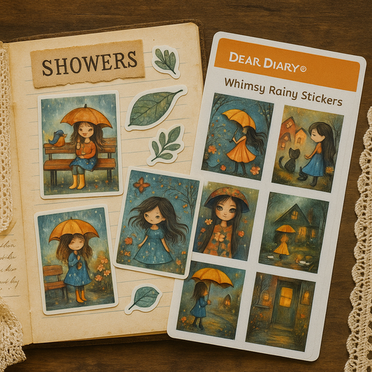 Whimsical Rainy Day Stickers – Girl & Cat Autumn Journal Sheet