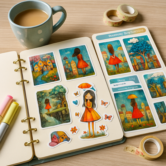 Whimsical Rainy Day Girl Stickers – Cozy Journal Set