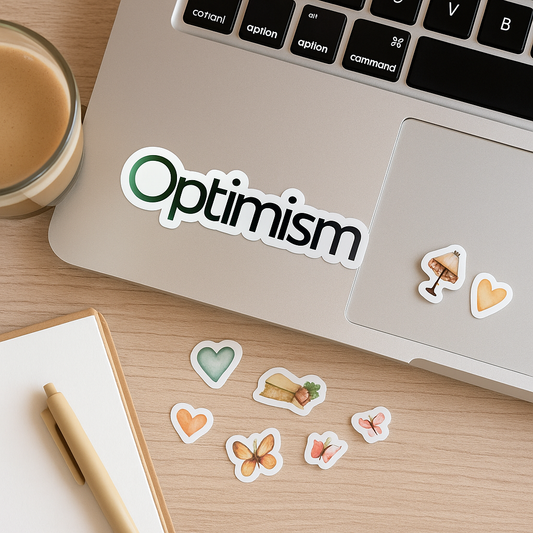 Optimism Word Sticker + Mini Wellness Icons – Laptop & Journal