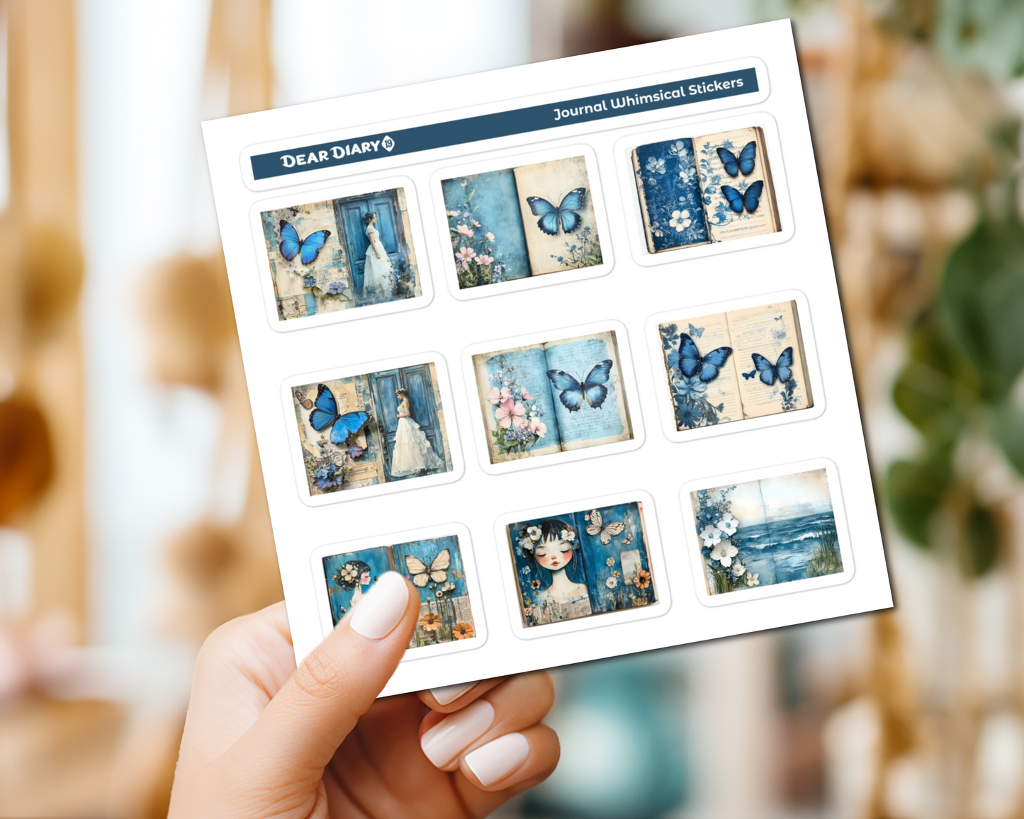 Blue junk journal whimsical stickers sheet BWPT01