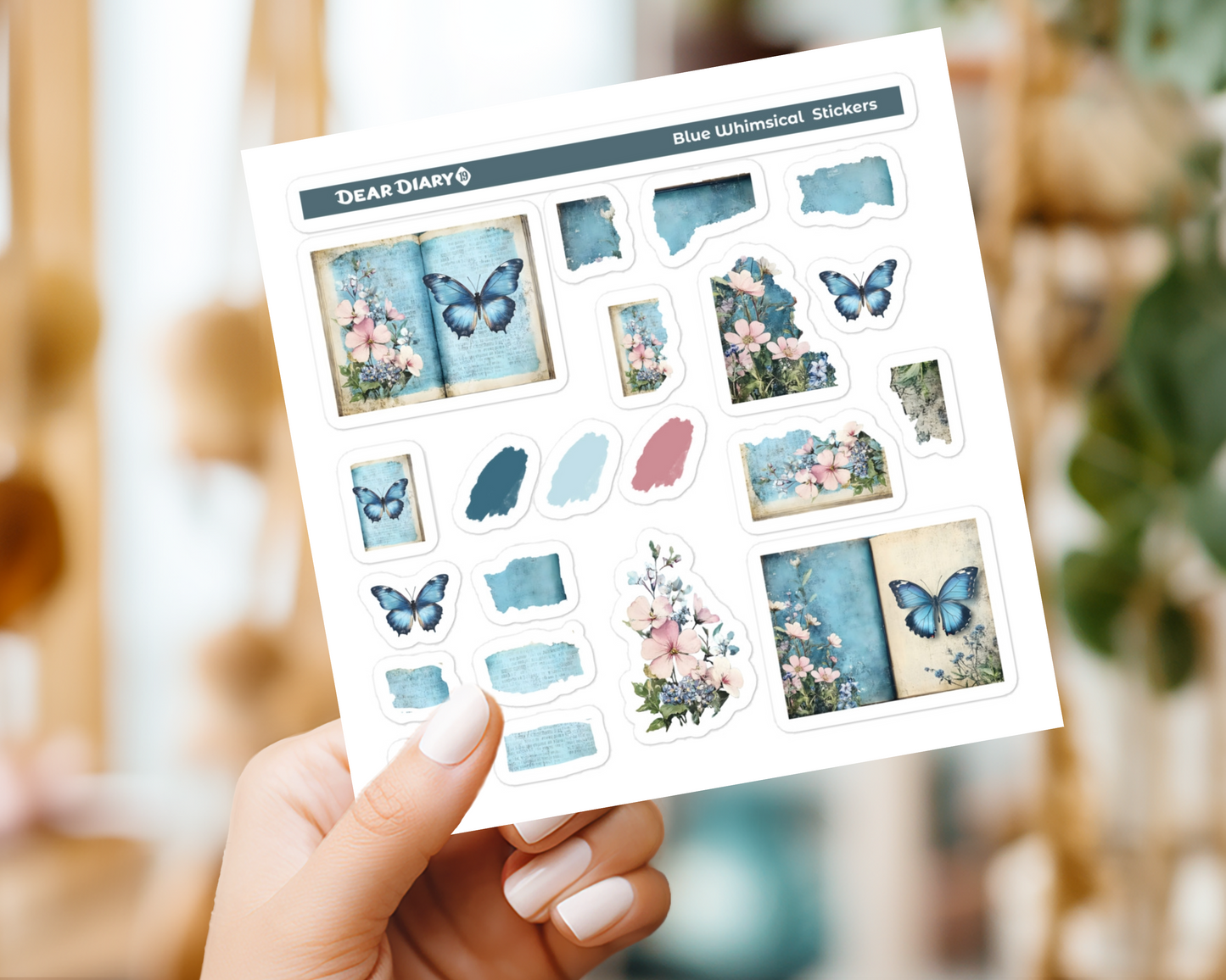 Blue journal whimsical stickers sheet BWSM01