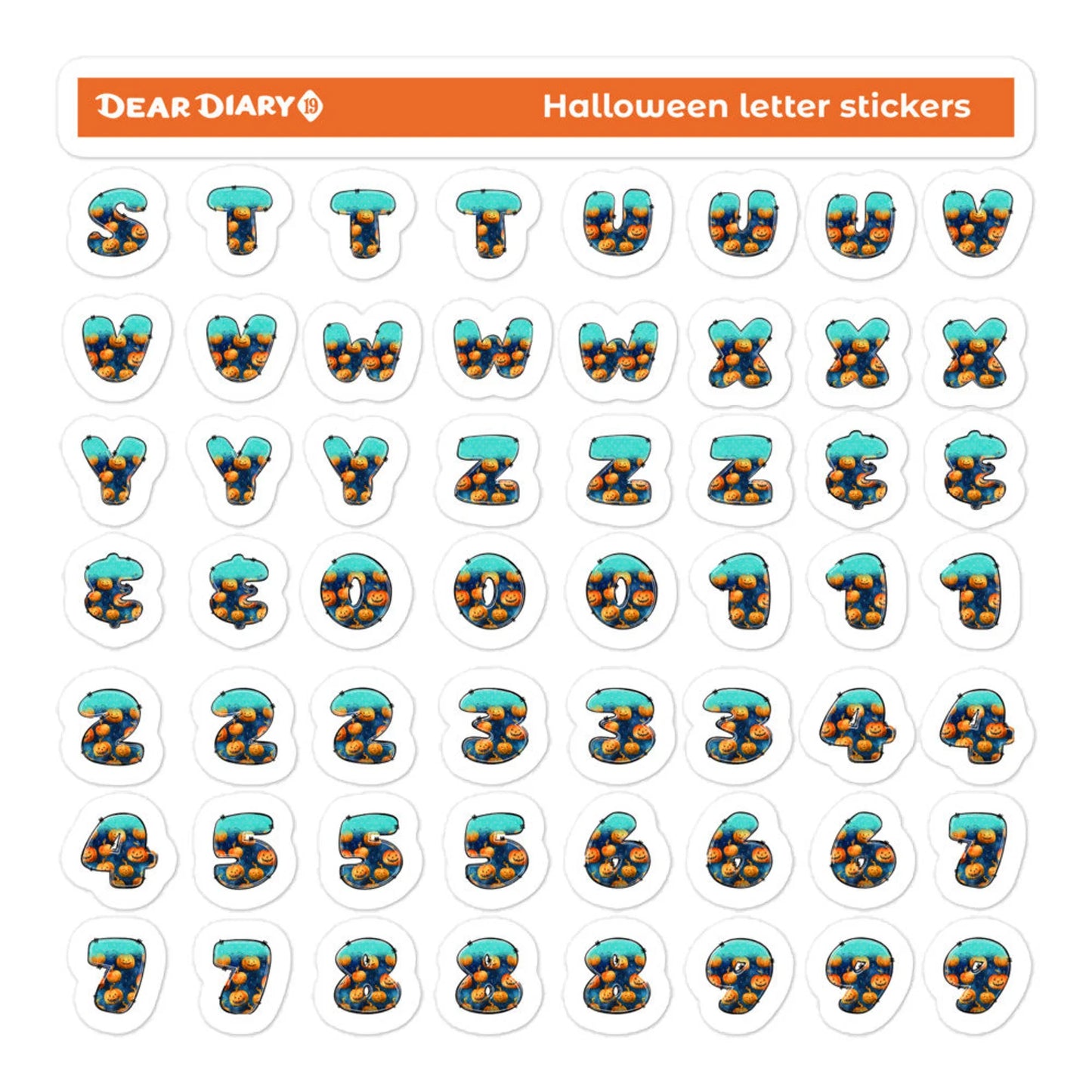 Halloween Alphabet Letter Numbers Stickers sheet pack HLSH01