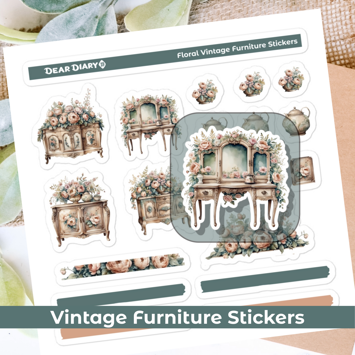 Vintage furniture journal stickers sheet VFSS01