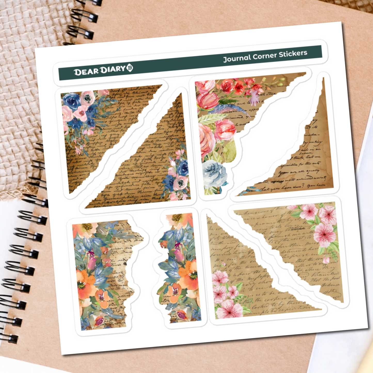 Corner junk journal floral stickers sheet CJSM01