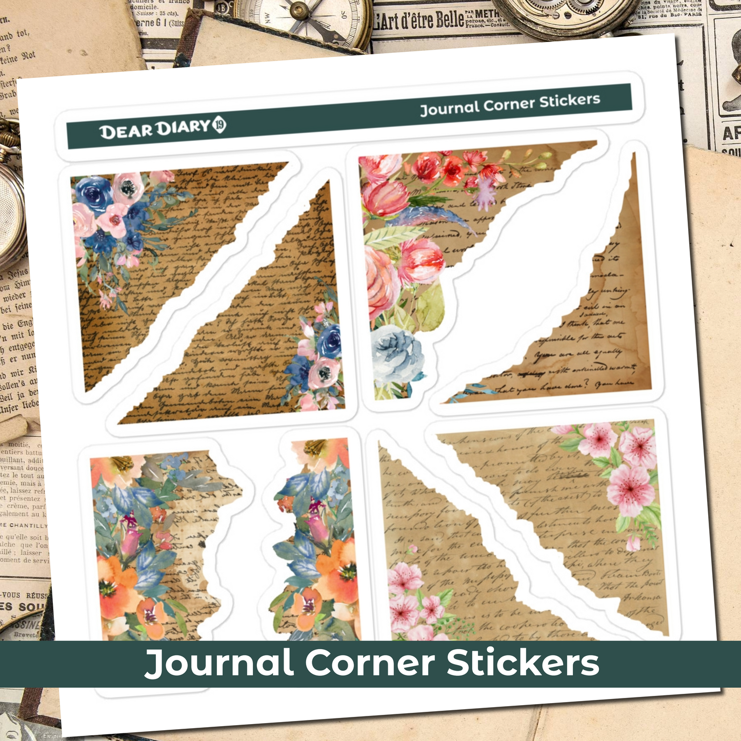 Corner junk journal floral stickers sheet CJSM01