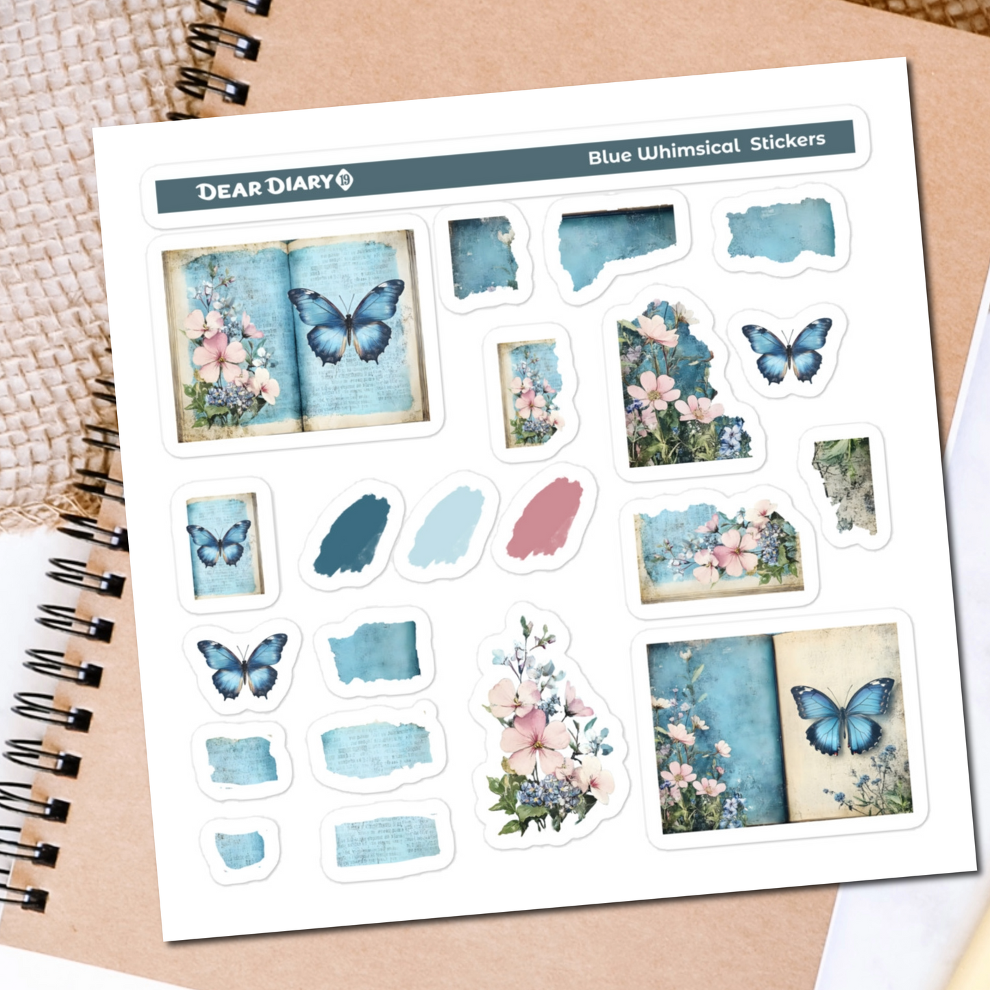 Blue journal whimsical stickers sheet BWSM01