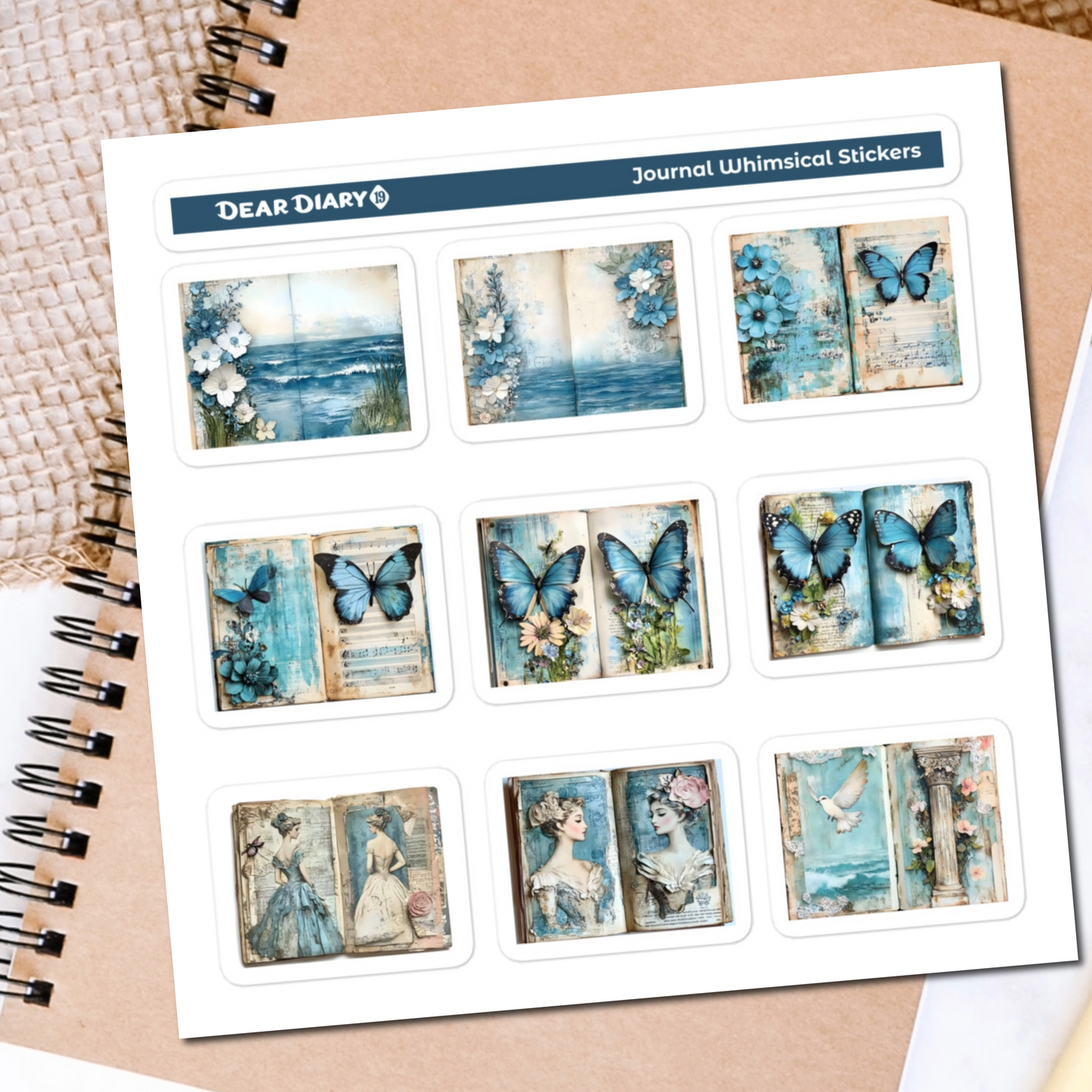 Blue junk journal whimsical stickers sheet BWPT02