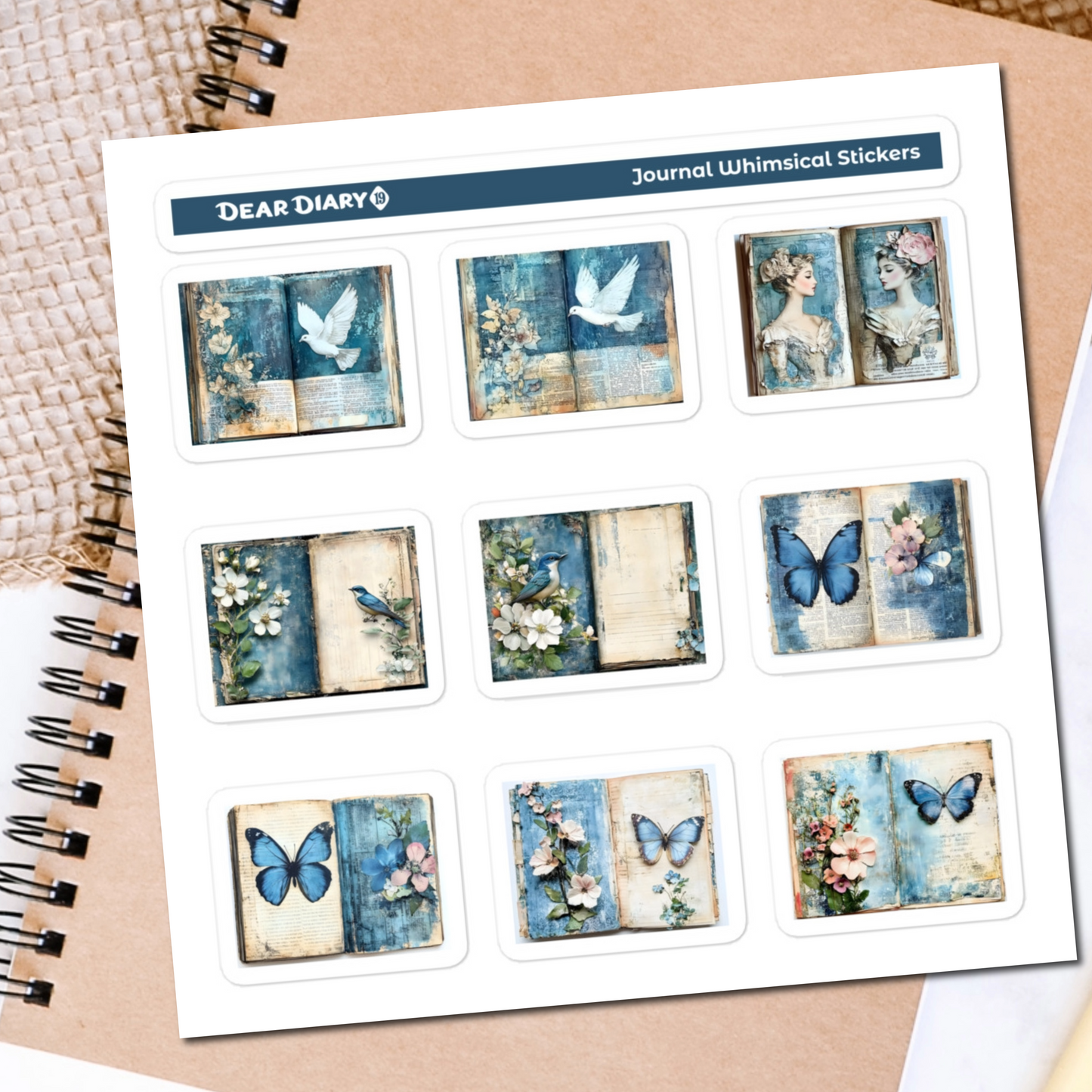 Blue junk journal whimsical stickers sheet BWPT03