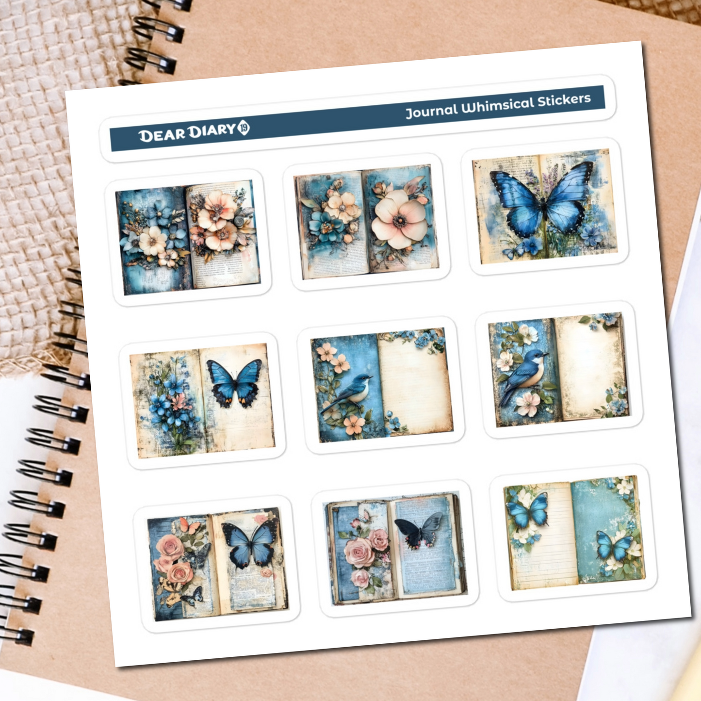 Blue junk journal whimsical stickers sheet BWPT04