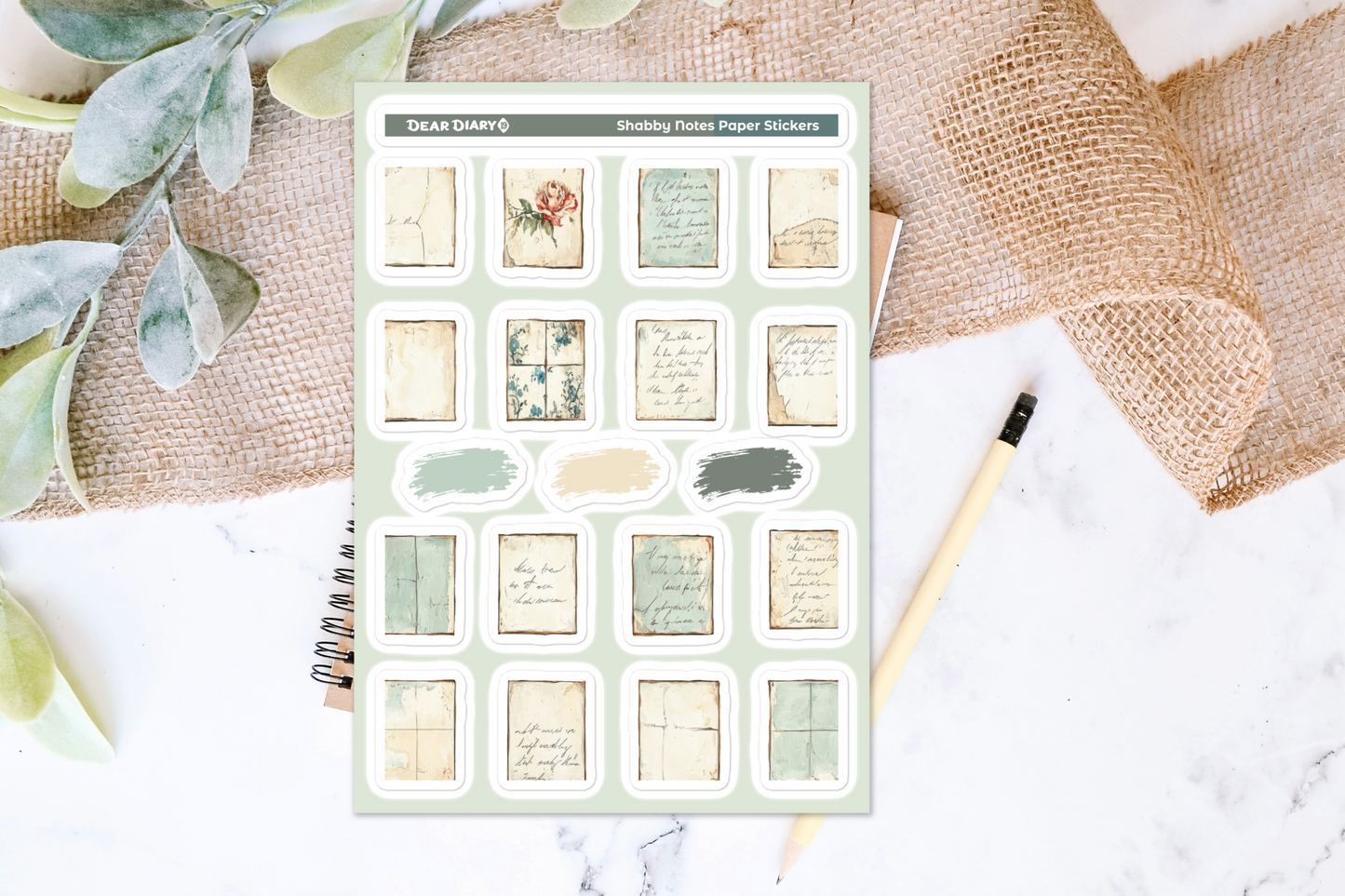 Shabby notes paper journal stickers sheet SNSH01