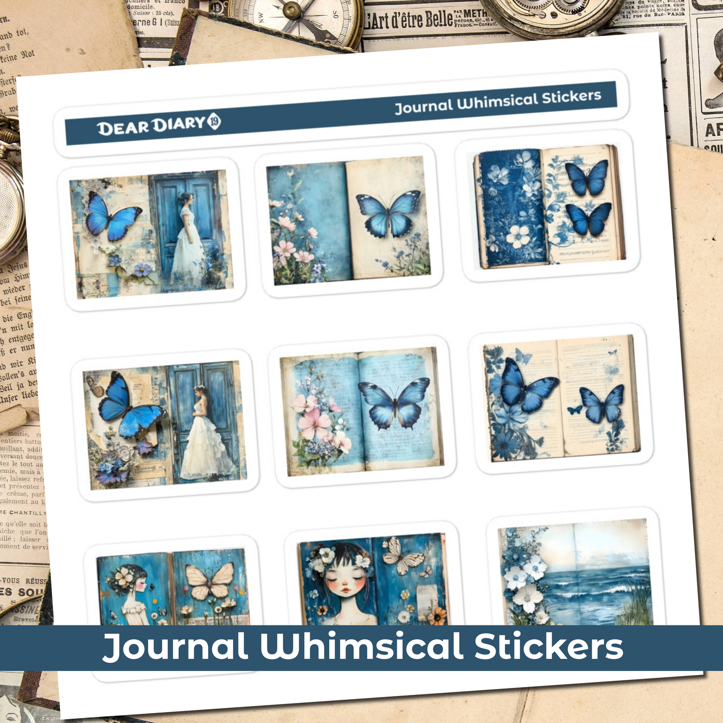 Blue junk journal whimsical stickers sheet BWPT01