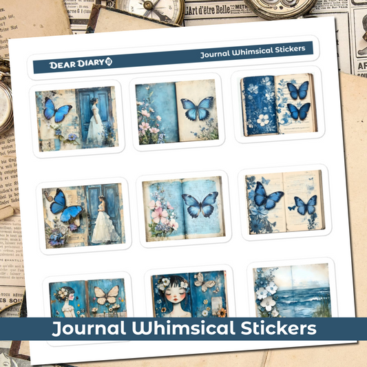 Blue junk journal whimsical stickers sheet BWPT01