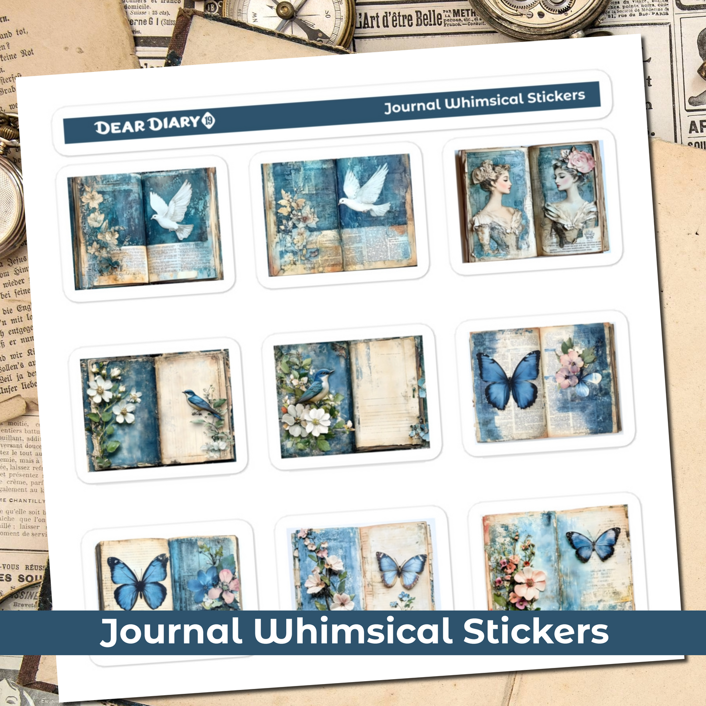 Blue junk journal whimsical stickers sheet BWPT03