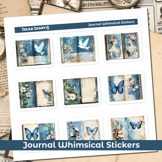 Blue junk journal whimsical stickers sheet BWPT03