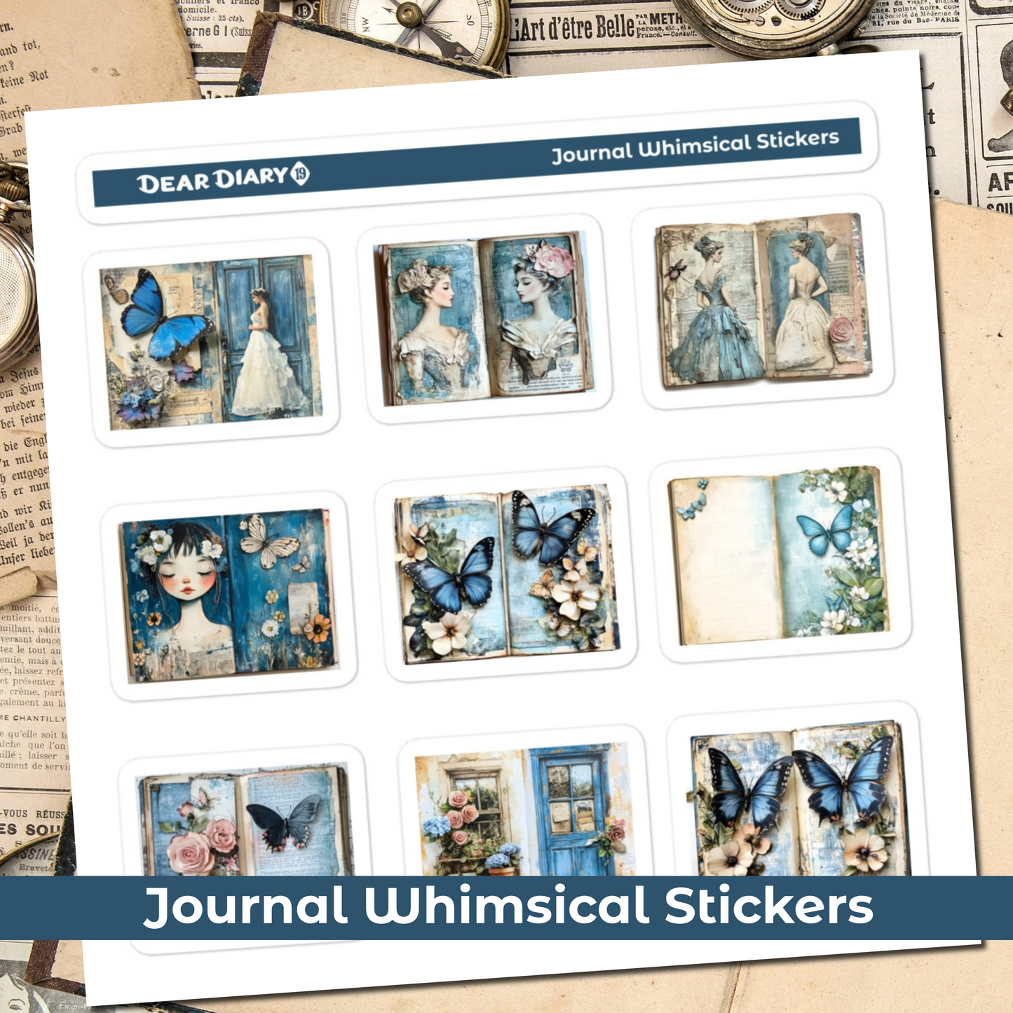 Blue junk journal whimsical stickers sheet BWPT05