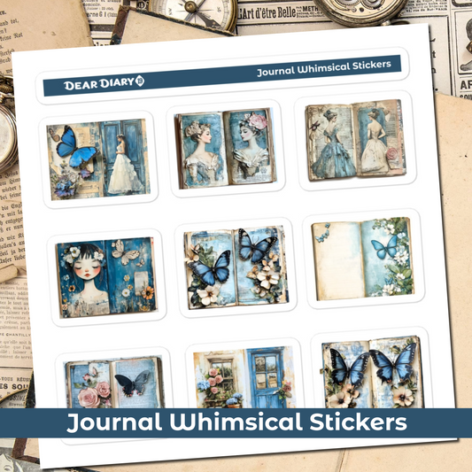 Blue junk journal whimsical stickers sheet BWPT05
