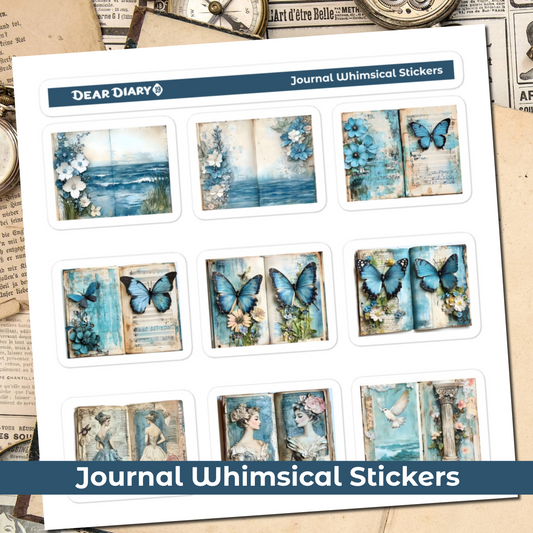 Blue junk journal whimsical stickers sheet BWPT02