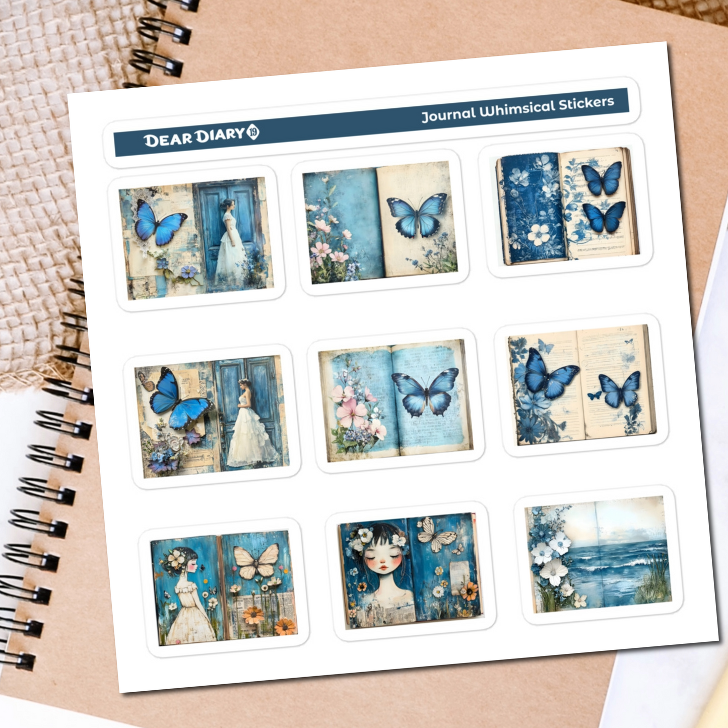 Blue junk journal whimsical stickers sheet BWPT01