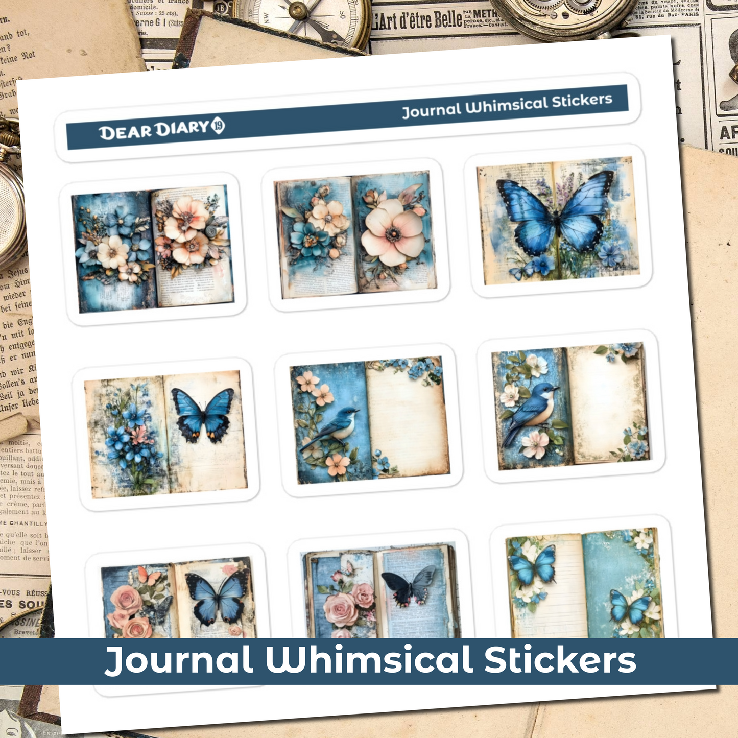 Blue junk journal whimsical stickers sheet BWPT04