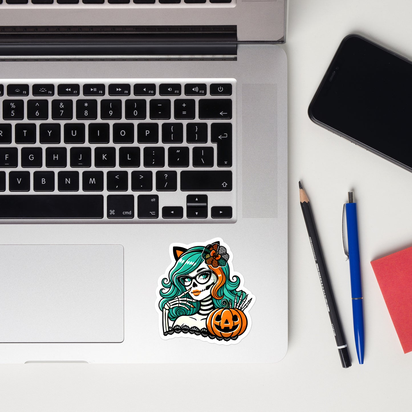 Catlady skeleton girl Halloween sticker HWSK03