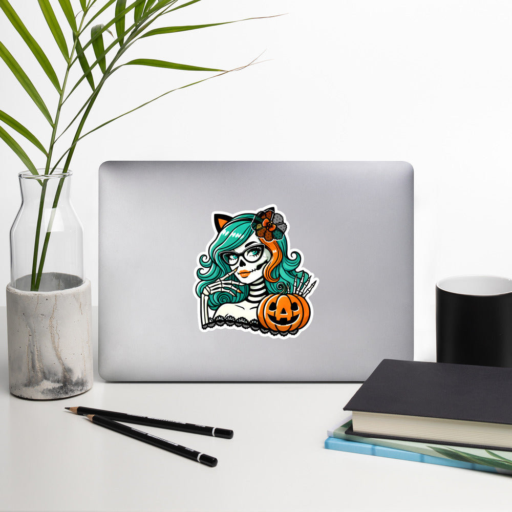 Catlady skeleton girl Halloween sticker HWSK03
