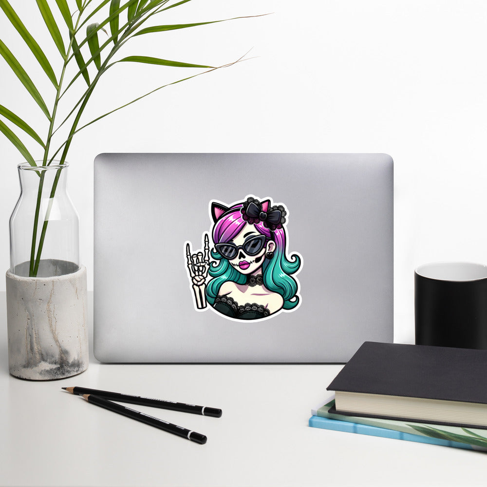 Catlady skeleton girl Halloween sticker HWSK04