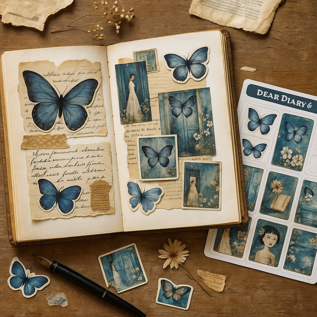 Vintage Blue Butterfly Stickers for Junk Journal & Scrapbooking