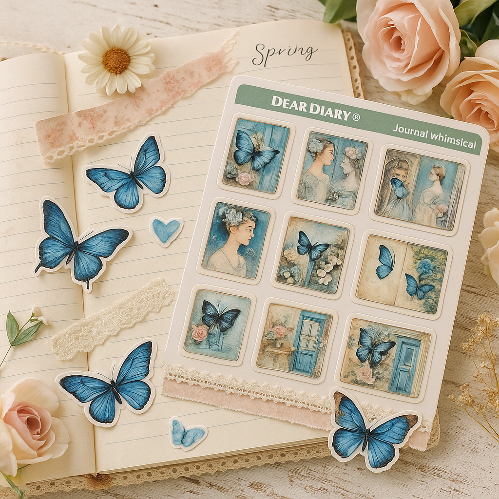 Whimsical Vintage Lady & Butterfly Stickers – Blue Aesthetic Journal Set