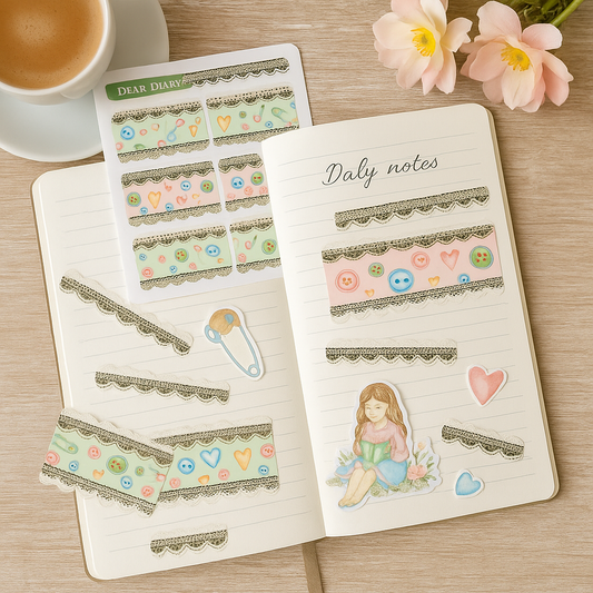 Lace Washi Strip Stickers – Buttons, Safety Pin & Pastels