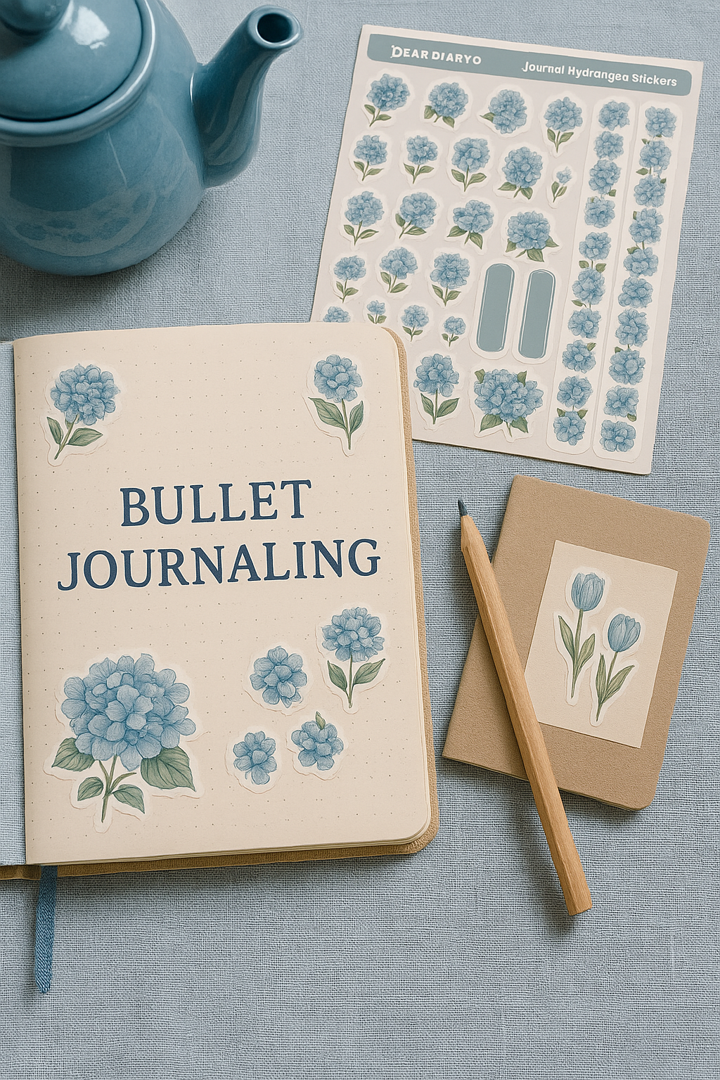 Hydrangea Bullet Journal Stickers – Soft Blue Floral Set by Dear Diary