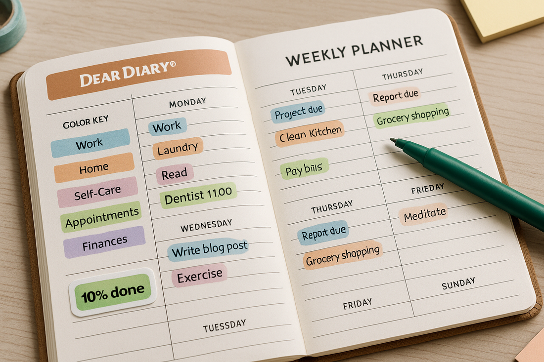 Color Coded Planner Stickers – Weekly Labels for Work, Home, Self-Care & More | Dear Diary Functional Set