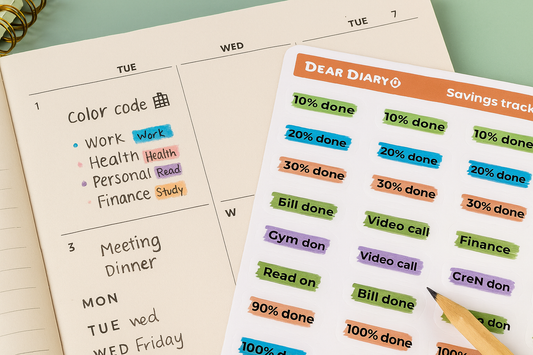Savings & Progress Tracker Stickers – “% Done” & Task Labels – Dear Diary Functional Set