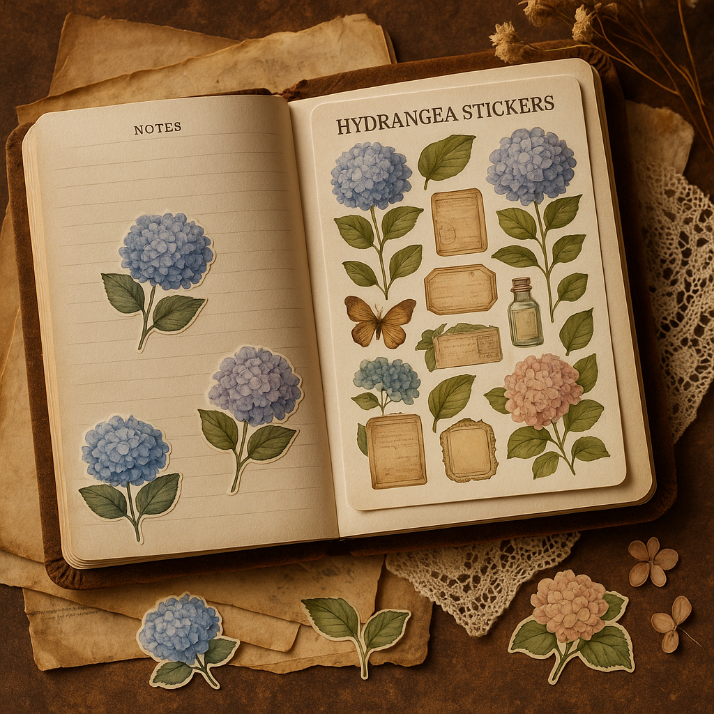 Vintage Hydrangea Stickers for Journaling – Botanical Labels & Floral Planner Set