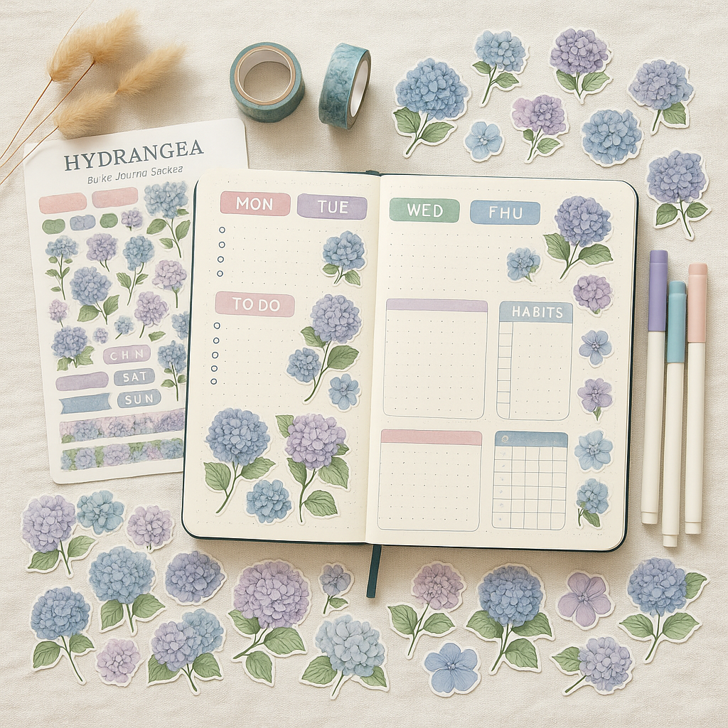 Hydrangea Bullet Journal Sticker Kit – Weekly Spread & Habit Tracker Floral Stickers