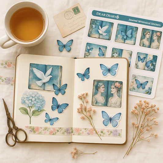 Whimsical Blue Journal Stickers – Vintage Butterfly & Floral Scrapbooking Set, Feminine Aesthetic Ephemera