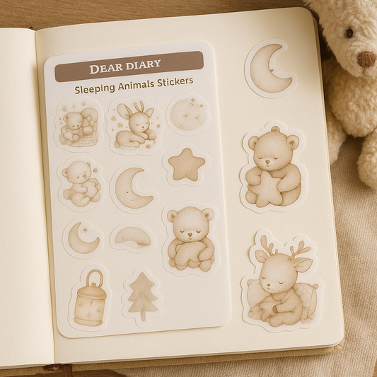 Neutral Sleeping Animal Stickers – Cute Baby Bear & Bunny Journal Sticker Sheet for Bedtime Planners