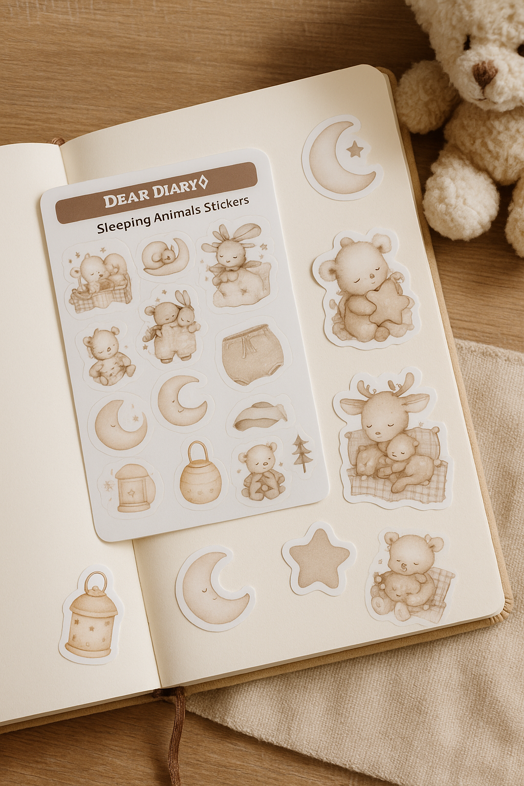 Sleeping Animals Stickers – Neutral Pastel Baby Animal Sticker Sheet for Planners & Journals