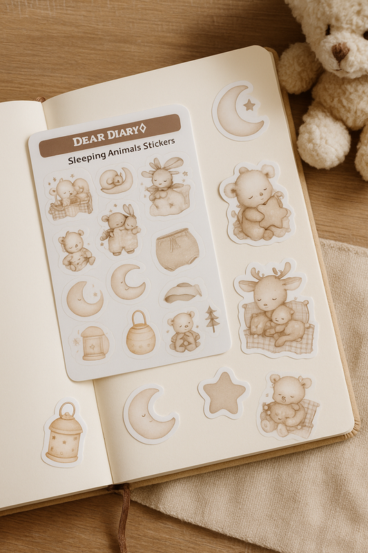 Sleeping Animals Stickers – Neutral Pastel Baby Animal Sticker Sheet for Planners & Journals