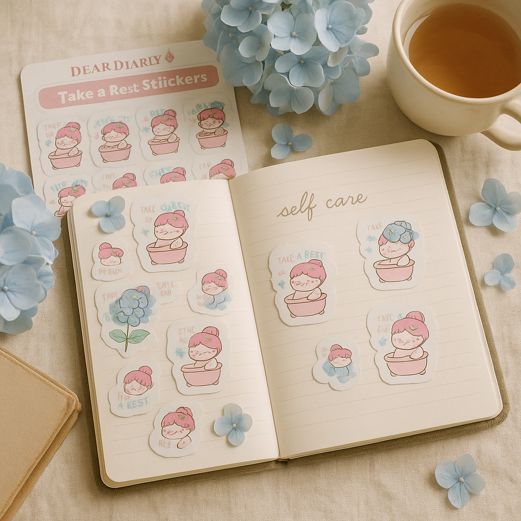 Self-Care Stickers – Take a Rest Kawaii Girl Sticker Sheet for Journaling & Planners